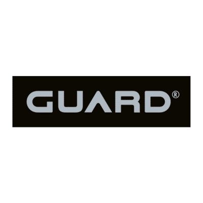 Guard logo, grey writing of guard on a black background