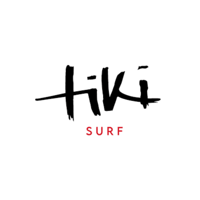 Tiki surf logo, black writing of tiki with surf below in red